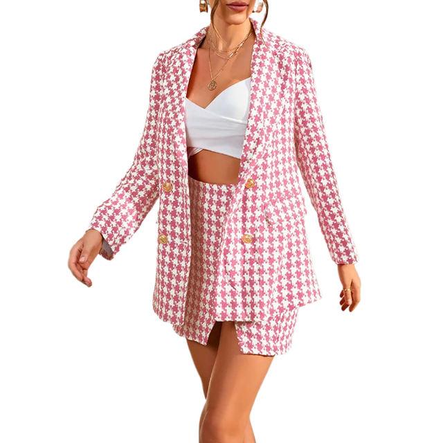 Pink Plaid Print Blazer and Button Split Skirt Set TQF711046-10