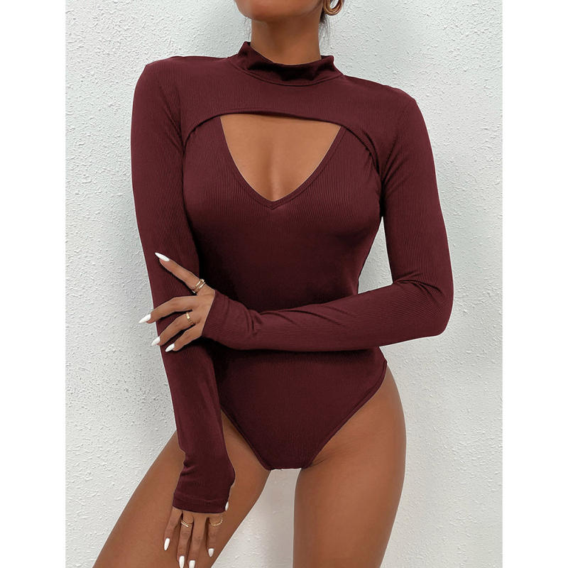 Burgundy Mock Neck Cut-out Ribbed Long Sleeve Bodysuit TQV220133-23
