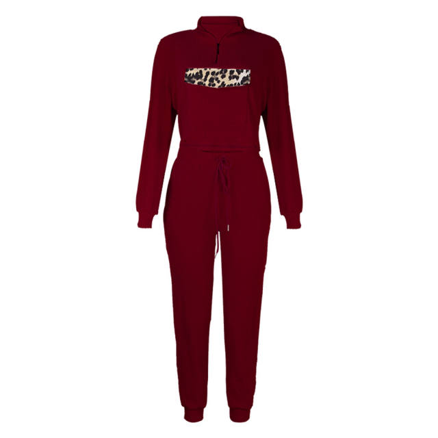 Wine Red Zipper Up Leopard Detail Sweatshirt with Pant Set TQK710222-103