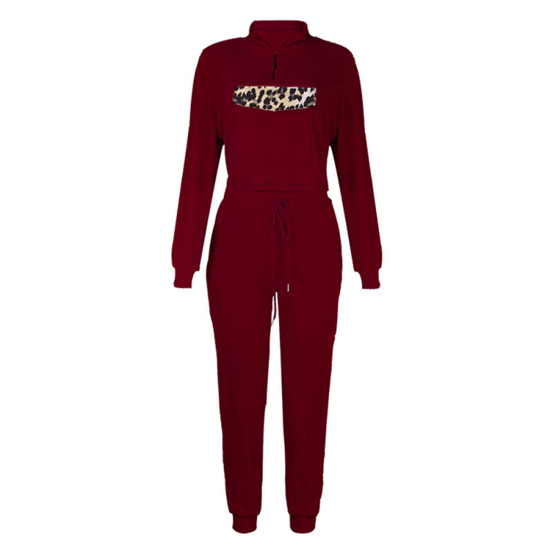 Wine Red Zipper Up Leopard Detail Sweatshirt with Pant Set TQK710222-103