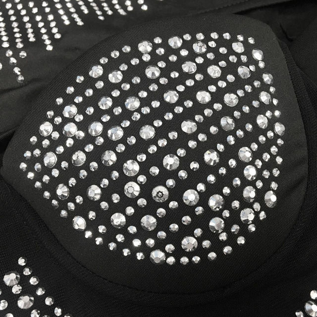 Black Mesh Rhinestone Beading Padded Long Sleeve Dress TQK311127-2
