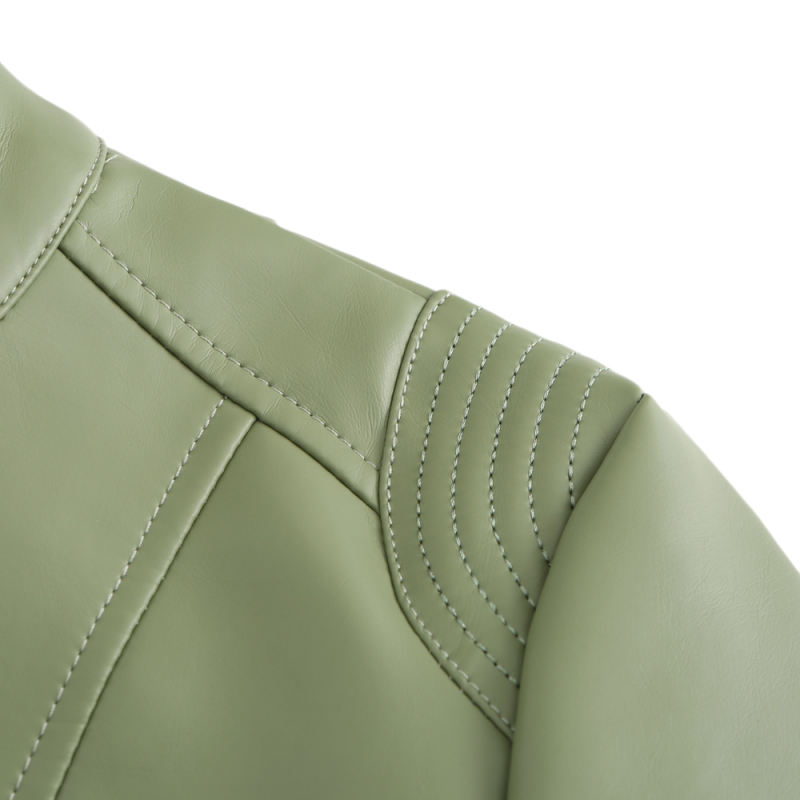 Light Green Stand Collar Zipper Detail PU Leather Jacket TQK280094-28