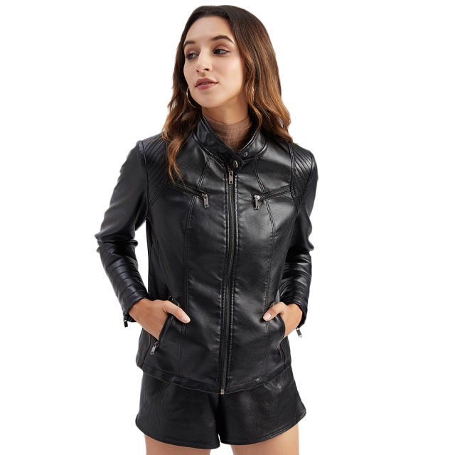 Black Zipper Pockets Long Sleeve PU Leather Jacket TQK280093-2