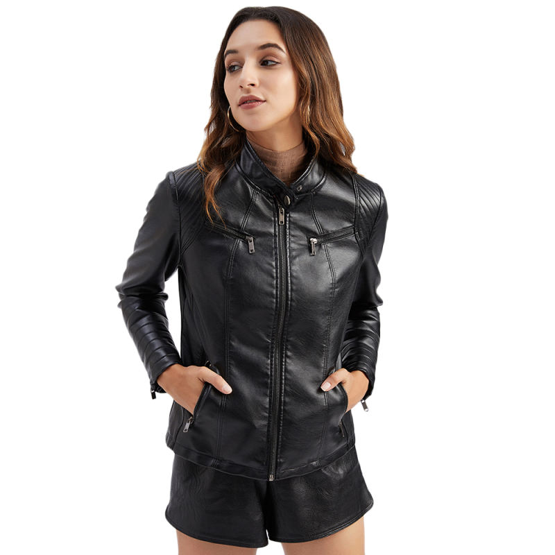 Black Zipper Pockets Long Sleeve PU Leather Jacket TQK280093-2