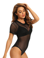 Black Short Sleeve Sheer Mesh Bodysuit TQF00004-2