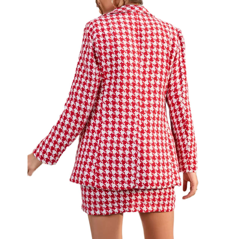 Red Plaid Print Blazer and Button Split Skirt Set TQF711046-3