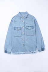 Sky Blue Rhinestone Pearls Denim Shacket LC788118-4