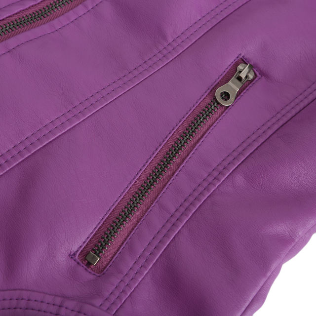 Purple Slim Fit Stand Collar PU Motorcycle Jacket TQK280091-8
