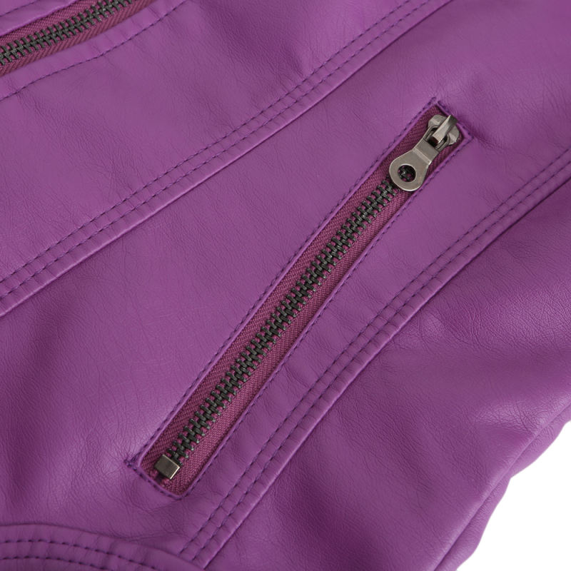 Purple Slim Fit Stand Collar PU Motorcycle Jacket TQK280091-8
