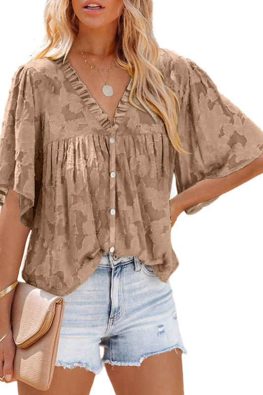 Brown Floral Textured V Neck Buttoned Blouse LC25114606-17