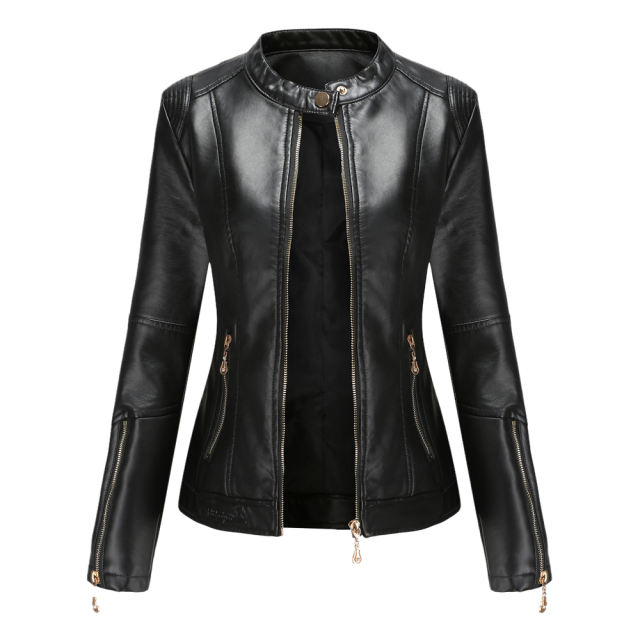 Black Stand Collar Zipper Detail PU Leather Jacket TQK280094-2