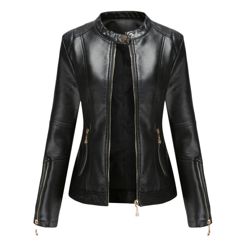 Black Stand Collar Zipper Detail PU Leather Jacket TQK280094-2
