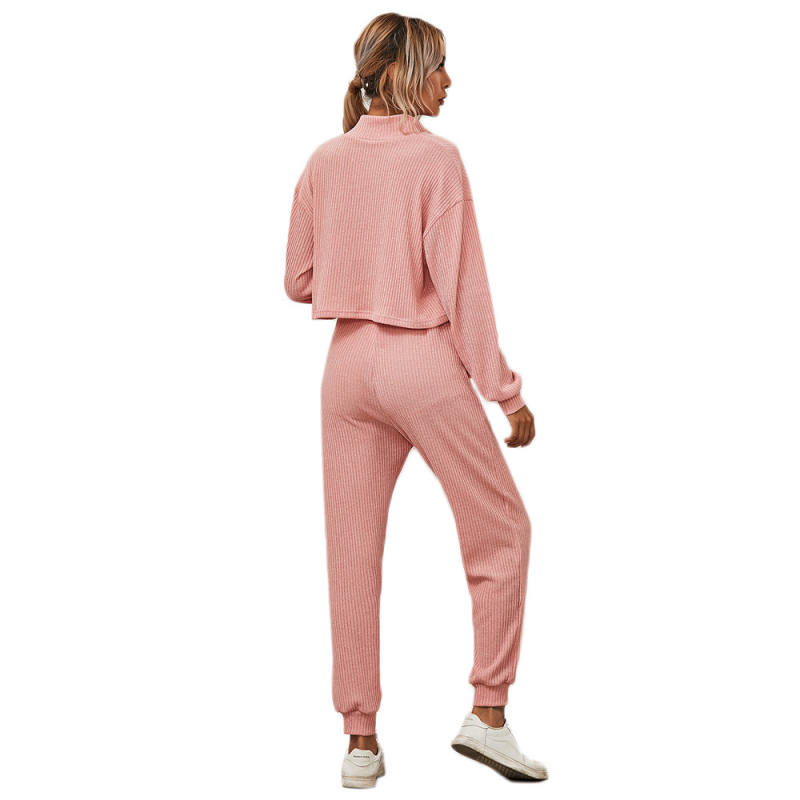 Pink Zipper Up Leopard Detail Sweatshirt with Pant Set TQK710222-10