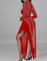 Red Rhinestone Long Sleeve Crop Tops and Tassels Skirt Set TQV810016-3