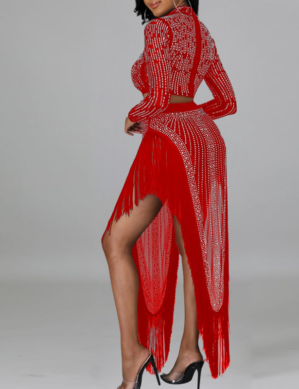 Red Rhinestone Long Sleeve Crop Tops and Tassels Skirt Set TQV810016-3