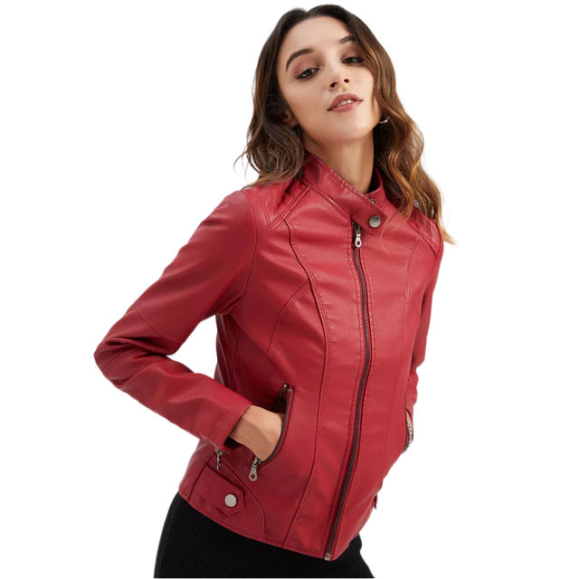 Red Slim Fit Stand Collar PU Motorcycle Jacket TQK280091-3
