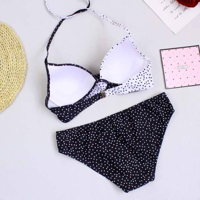 Black White Dot Halter Bikini Swimsuit TQK610119-2