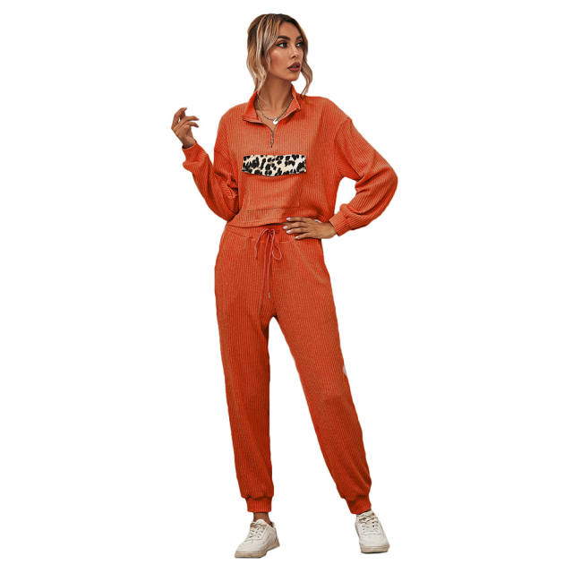 Orange Zipper Up Leopard Detail Sweatshirt with Pant Set TQK710222-14