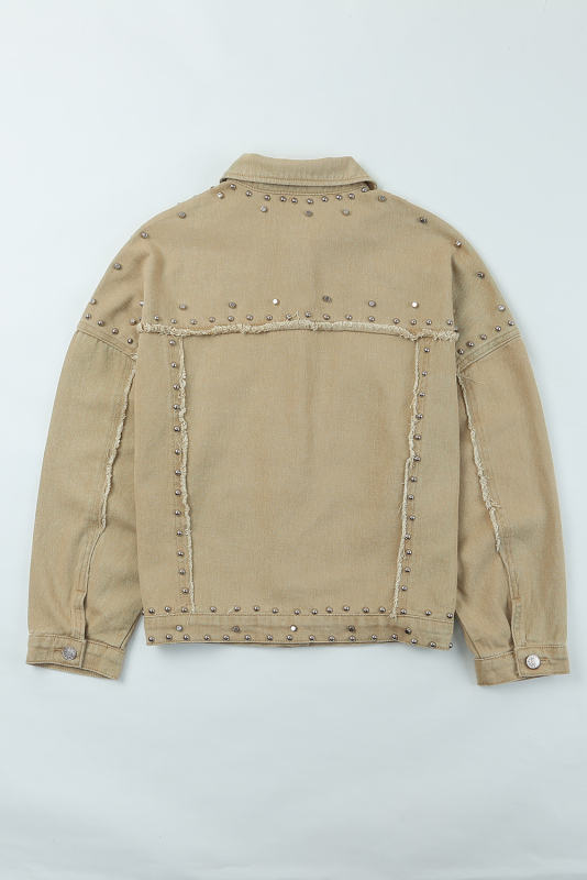 Khaki Frayed Trim Rivet Denim Jacket LC788104-16