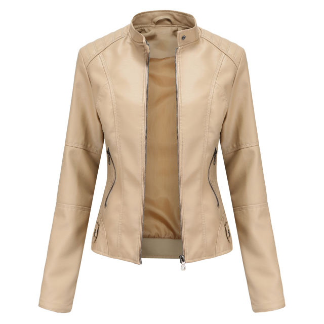 Apricot Slim Fit Stand Collar PU Motorcycle Jacket TQK280091-18