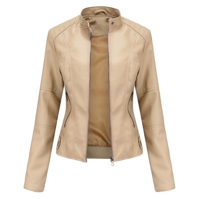 Apricot Slim Fit Stand Collar PU Motorcycle Jacket TQK280091-18