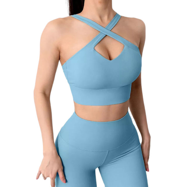 Blue Cross Shoulder Bra with Pant Yoga Set TQE91344-5