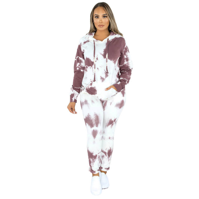 Coffee Tie Dye Print Hoodies with Pant Set TQK710224-15