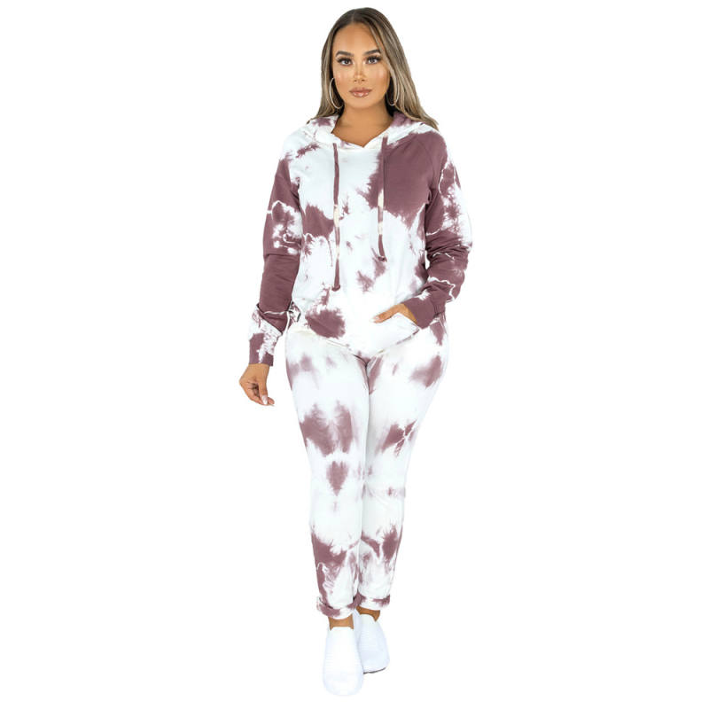 Coffee Tie Dye Print Hoodies with Pant Set TQK710224-15