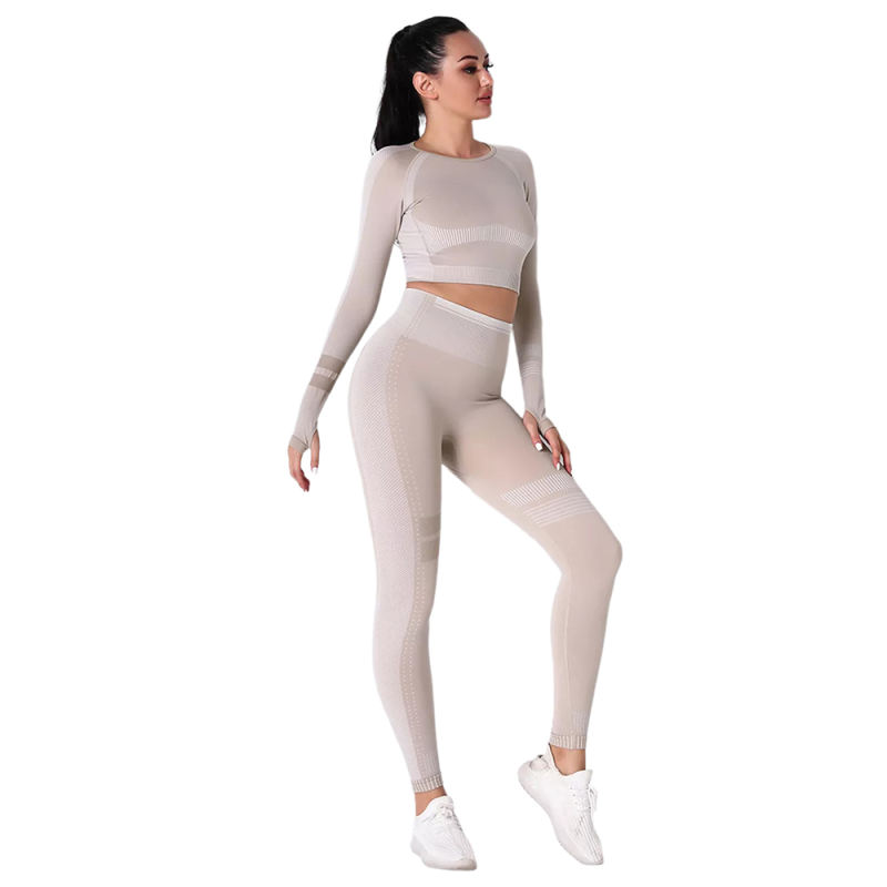 Khaki Seamless Knit Long Sleeve Pant Yoga Set TQE91372-21