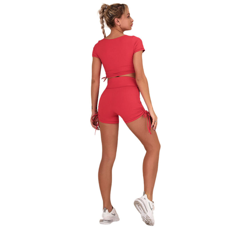 Red Sides Drawstring Short Sleeve Yoga Short Set TQK710241-3