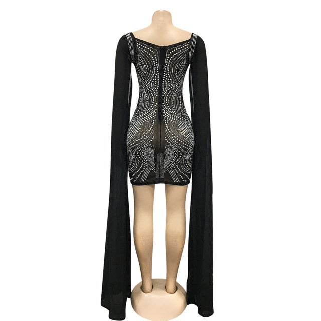 Black Mesh Rhinestone Cape Style long Sleeve Dress TQK310774-2