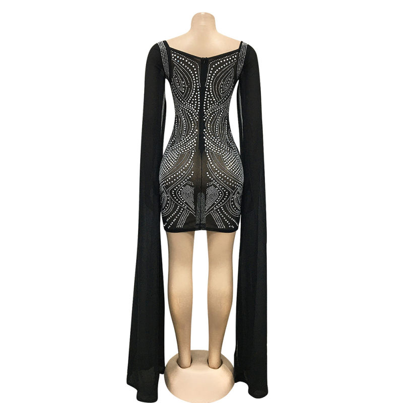 Black Mesh Rhinestone Cape Style long Sleeve Dress TQK310774-2