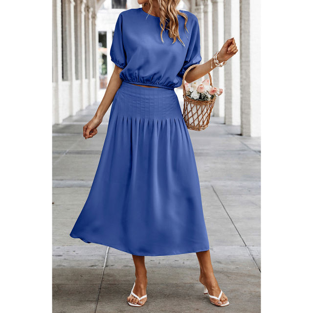 Blue Pleated Crop Top with Skirt Set TQX711094-5