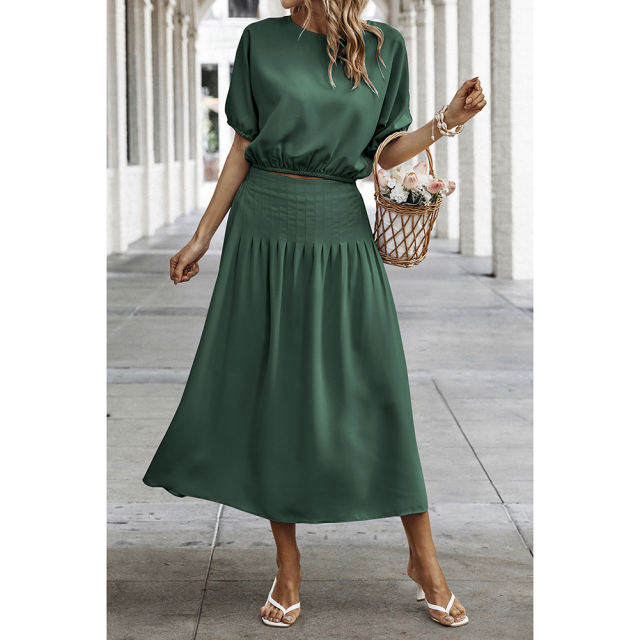 Dark Green Pleated Crop Top with Skirt Set TQX711094-36