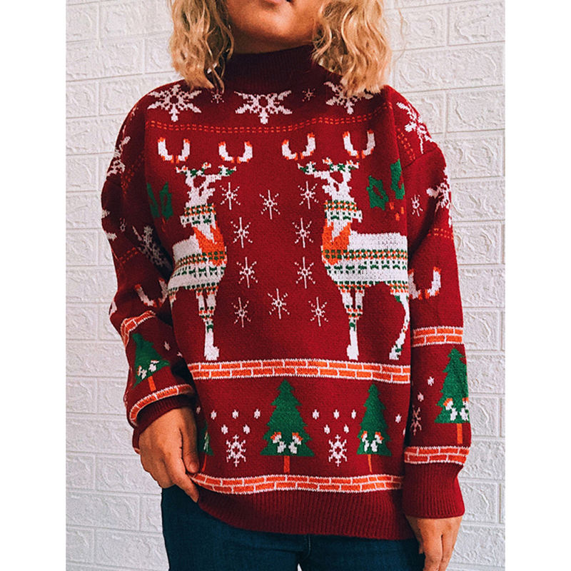 Red Christma Tree Deer Snowflake Print Knit Pullover TQK271415-3