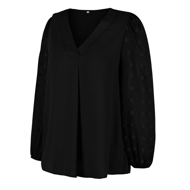 Black V Neck Chiffon Long Sleeve Blouse TQK210640-2