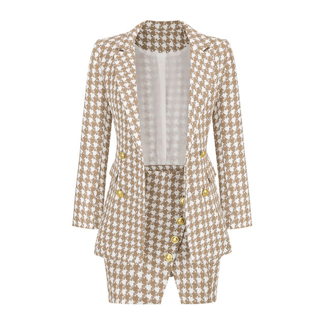 Khaki Plaid Print Blazer and Button Split Skirt Set TQF711046-21