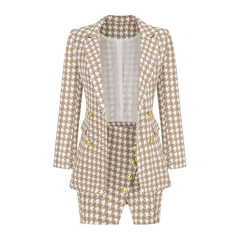 Khaki Plaid Print Blazer and Button Split Skirt Set TQF711046-21
