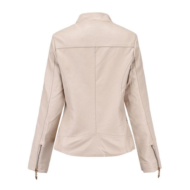 Khaki Classic Style Stand Collar PU Leather Jacket TQK280092-21