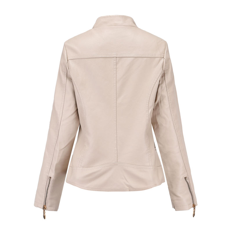 Khaki Classic Style Stand Collar PU Leather Jacket TQK280092-21