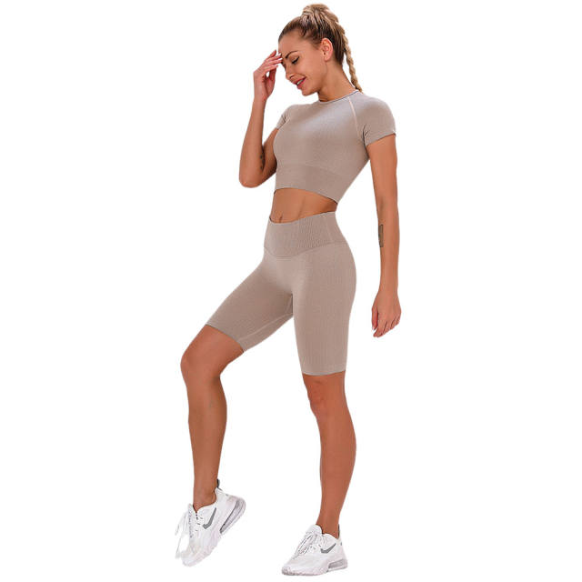 Wood Brown Seamless Short Sleeve Yoga Sports Set TQE00138-213