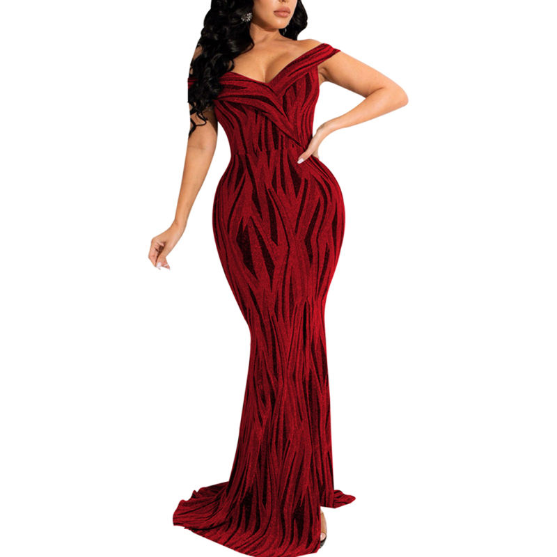 Burgundy Shiner V-Neck Fishtail Evening Dress TQK311174-23