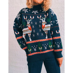 Navy Blue Christma Tree Deer Snowflake Print Knit Pullover TQK271415-34