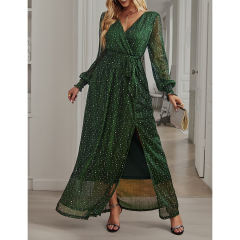 Green Sequin V Neck High Split Maxi Dress TQK311352-9