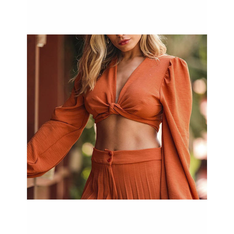 Orange Long Sleeve Crop Shirt and Casual Pant Set TQF711037-14