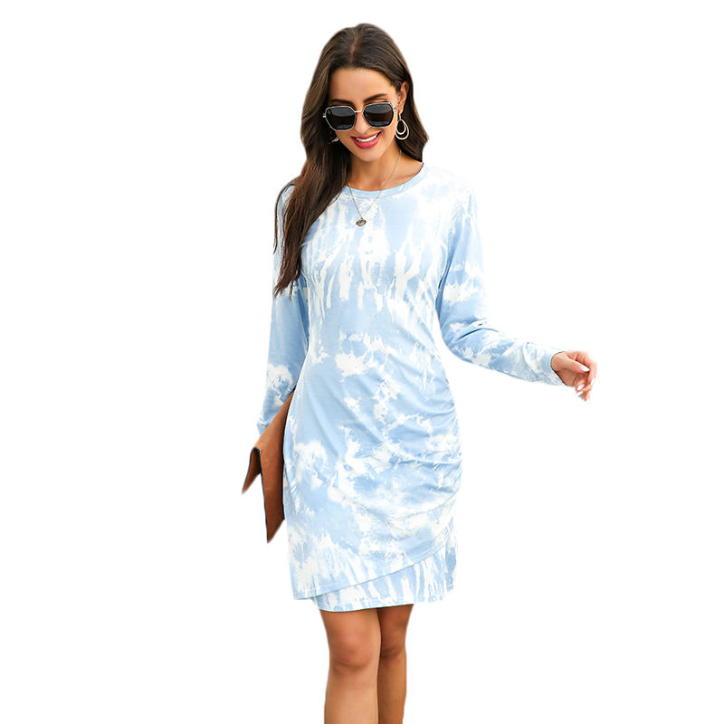 Light Blue Tie Dye Print Long Sleeve Dress TQK310360-30