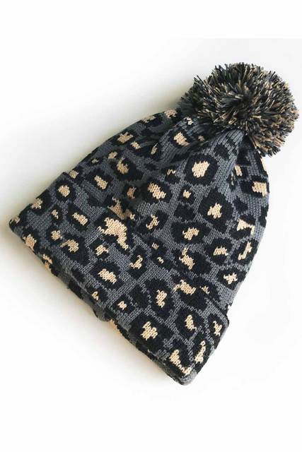 Gray Leopard Pom Beanie LC02113-11