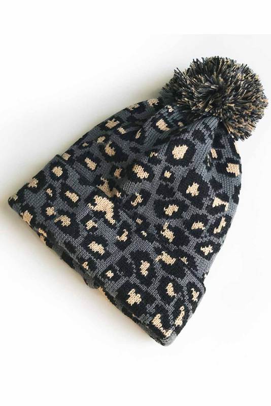 Gray Leopard Pom Beanie LC02113-11