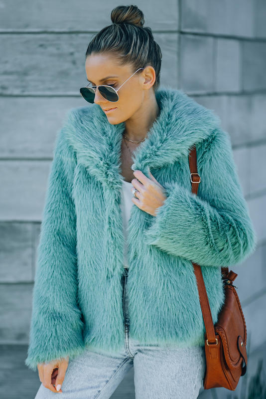 Green Collared Side Pockets Winter Fuzzy Coat LC8512420-9
