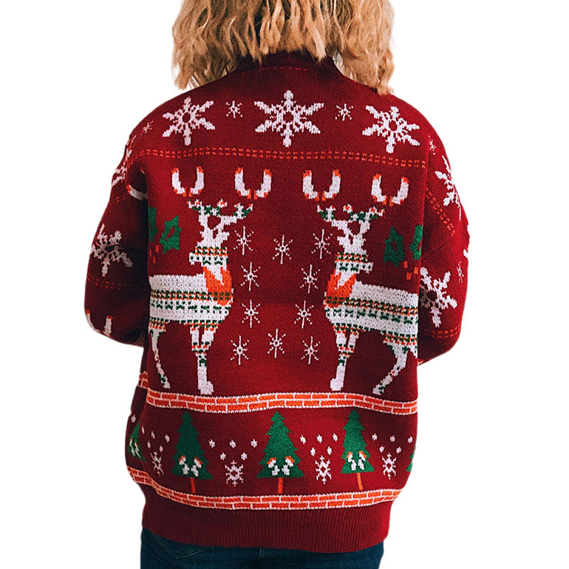 Red Christma Tree Deer Snowflake Print Knit Pullover TQK271415-3